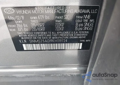 2019 Hyundai Santa Fe Se from USA, damaged, VIN 5NMS23AD9KH119724